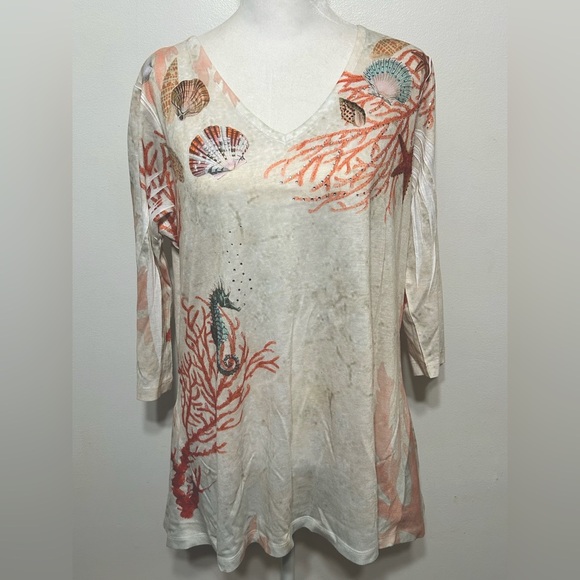 Tropical Coral Seashell Seahorse Jeweled Tunic by Trilllogy Morning Sun - Picture 1 of 14